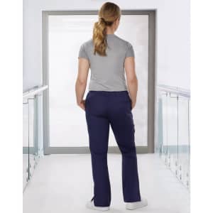 Ladies' solid colour scrub pants in navy, featuring a relaxed fit and elastic waistband, captured from the back.