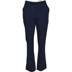 Navy solid colour scrub pants with a drawstring waist and multiple pockets. The design includes a branding logo.