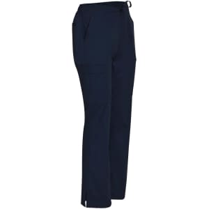 Ladies' solid colour scrub pants in navy, featuring pockets and a drawstring waist. Includes a logo.