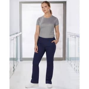 Ladies' solid colour scrub pants in navy, worn with a grey top, featuring a logo on the top.