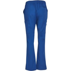 Ladies' solid colour scrub pants in blue, featuring an elastic waistband and side pockets. Includes a logo detail.