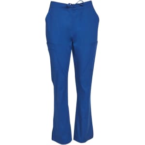 Solid blue ladies' scrub pants with a drawstring waist and side pockets, featuring a brand logo.