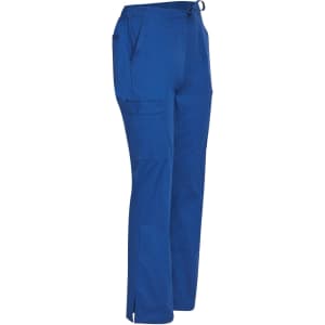 Solid blue ladies' scrub pants featuring a drawstring waist and multiple pockets. Includes a logo.