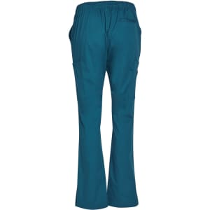 Teal women's scrub pants featuring an elastic waistband and side pockets, with a logo on the back.
