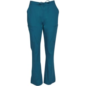 Teal solid colour scrub pants with pockets, featuring a drawstring waist and a logo.