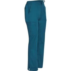 Teal solid colour scrub pants with pockets and adjustable waist. Features branding.