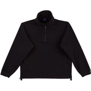 A black unisex polar fleece long-sleeve jumper with a half-zip and elasticised cuffs. Features a logo.