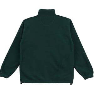 A dark green unisex polar fleece jumper with long sleeves and a high collar. Features elasticised cuffs.