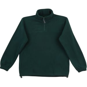 A unisex polar fleece jumper in dark green with long sleeves and a zippered collar, featuring a logo.