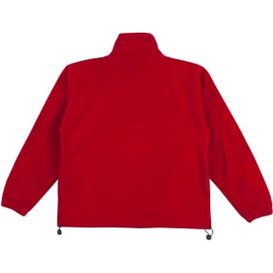 A unisex polar fleece jumper in bright red with long sleeves and an adjustable hem. Features a logo.