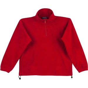 A red unisex polar fleece jumper with long sleeves and a half-zip collar, featuring a drawcord at the hem.