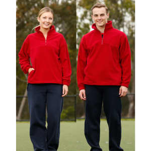 A red unisex polar fleece jumper with a half-zip collar, displayed on both a male and female model.