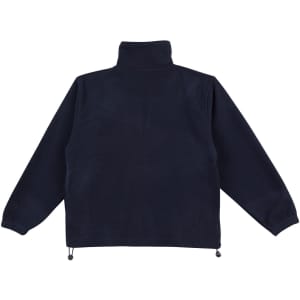 A unisex navy polar fleece jumper with long sleeves and a high collar, featuring adjustable drawstrings at the hem.