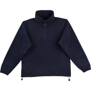 A navy unisex polar fleece jumper with long sleeves and a high collar, featuring a zip and adjustable drawstring at the hem.