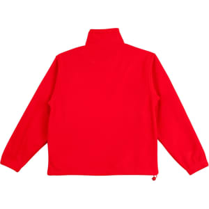 A red unisex polar fleece jumper with long sleeves and a high collar, featuring a logo.