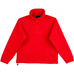 A red unisex polar fleece jumper with long sleeves and a zippered neck. It features a logo on the chest.