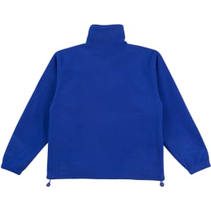 A blue unisex polar fleece jumper with long sleeves and a high collar, featuring a drawstring at the hem.