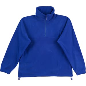 A blue unisex polar fleece jumper with long sleeves and a half-zip collar, featuring adjustable drawstrings at the hem.