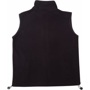 A black unisex polar fleece vest with a high collar and adjustable drawstrings at the hem. It features a logo.