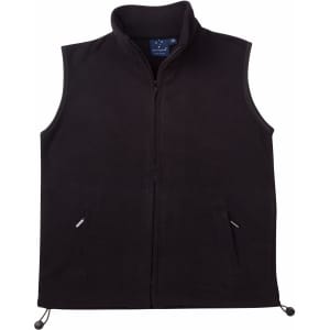 A black unisex polar fleece vest featuring a zip front and side pockets, with a logo on the upper part.