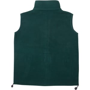 A green unisex polar fleece vest featuring a high collar and drawstring hem. It has a logo on the front.