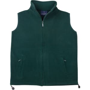 A unisex polar fleece vest in dark green with a zip front and two side pockets. Features a logo on the inside.