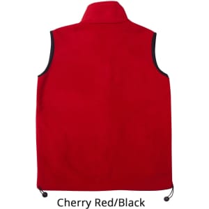 A unisex polar fleece vest in cherry red with black accents, featuring a logo and adjustable drawstring at the hem.