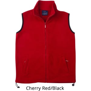Unisex polar fleece vest in cherry red with black accents, featuring a full zip and two front pockets.