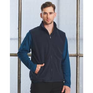 A navy unisex polar fleece vest with a high collar, front pockets, and a zip closure. Features a branding logo.
