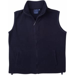 A black unisex polar fleece vest with a stand-up collar and zip fastening, featuring side pockets and a logo.