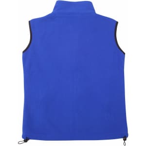 A unisex polar fleece vest in bright blue with a high collar and adjustable drawstrings at the sides. It has a logo.