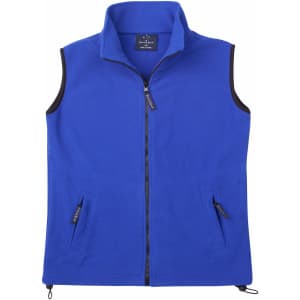 A blue unisex polar fleece vest featuring zippered pockets and a high collar. It has a logo on the chest.