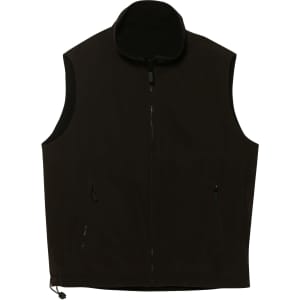 A unisex reversible vest in black, featuring zip pockets and a high collar design. It has a logo on the front.