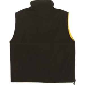 A unisex reversible vest in black with a yellow interior, featuring a high collar and no sleeves.