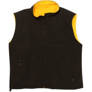 A unisex reversible vest featuring a black exterior and a bright yellow interior, with zip pockets and a logo.
