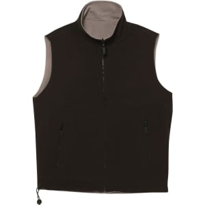 A unisex reversible vest in black with a grey interior, featuring a high collar and zippered pockets.