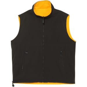 A unisex reversible vest featuring a black exterior and bright orange interior, with two zippered pockets and a high collar.
