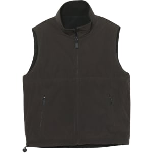 A unisex reversible vest in a dark colour, featuring a zip front and two side zip pockets. It has a logo on it.
