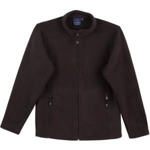 A black polar fleece jacket with a full zip, featuring two side pockets and a collar, has a logo.