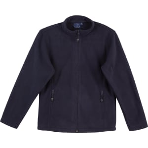 A navy blue polar fleece jacket with a full zip, featuring side pockets and a round collar. It has a logo.