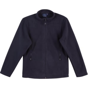 A navy polar fleece jacket with a full zip, featuring two zippered pockets and a collar. It has a logo.