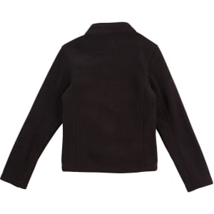 A black polar fleece jacket with a collar, featuring long sleeves and a plain back, including a logo.