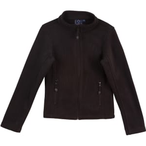A black bonded polar fleece jacket featuring a zip front and two side pockets, with a collar and a logo.