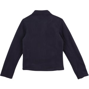 A navy polar fleece jacket with a fitted design and long sleeves, featuring a simple branding element.