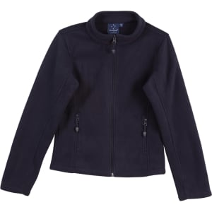 A navy polar fleece jacket featuring a zip front, stand collar, and zippered side pockets. It includes a logo on the chest.