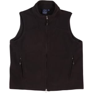A black fleece vest for men with a zip front, side pockets, and a branding logo on the collar.