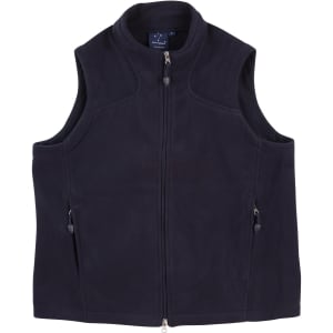 A navy fleece vest for men, featuring a front zip and two zippered pockets. It has a minimalistic design and a logo.