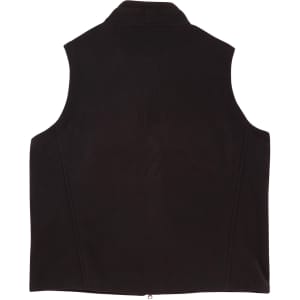 A black fleece vest for men, featuring a collar and a back view. Includes a logo.