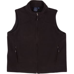 A black fleece vest for kids featuring a zip closure and two side pockets. Includes a logo on the inside label.