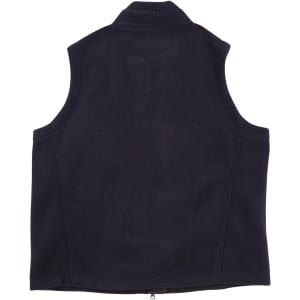 A navy fleece vest for kids, featuring a high collar and no sleeves, with a logo on the back.